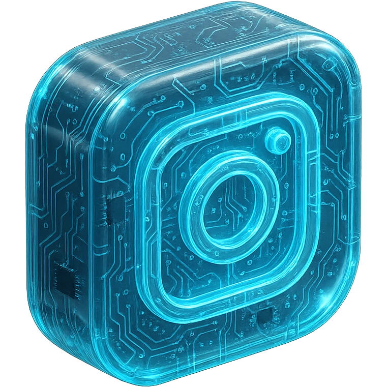 Futuristic Instagram logo, glossy circuit style, luminous blue highlights, transparent background emoji