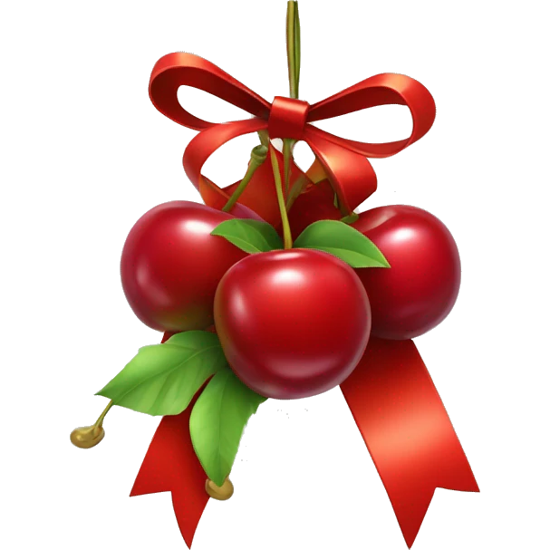 A gift bow with two short strings hanging down. From the center of the bow, two cherry stems with cherries dangle down, as if they are part of the bow emoji
