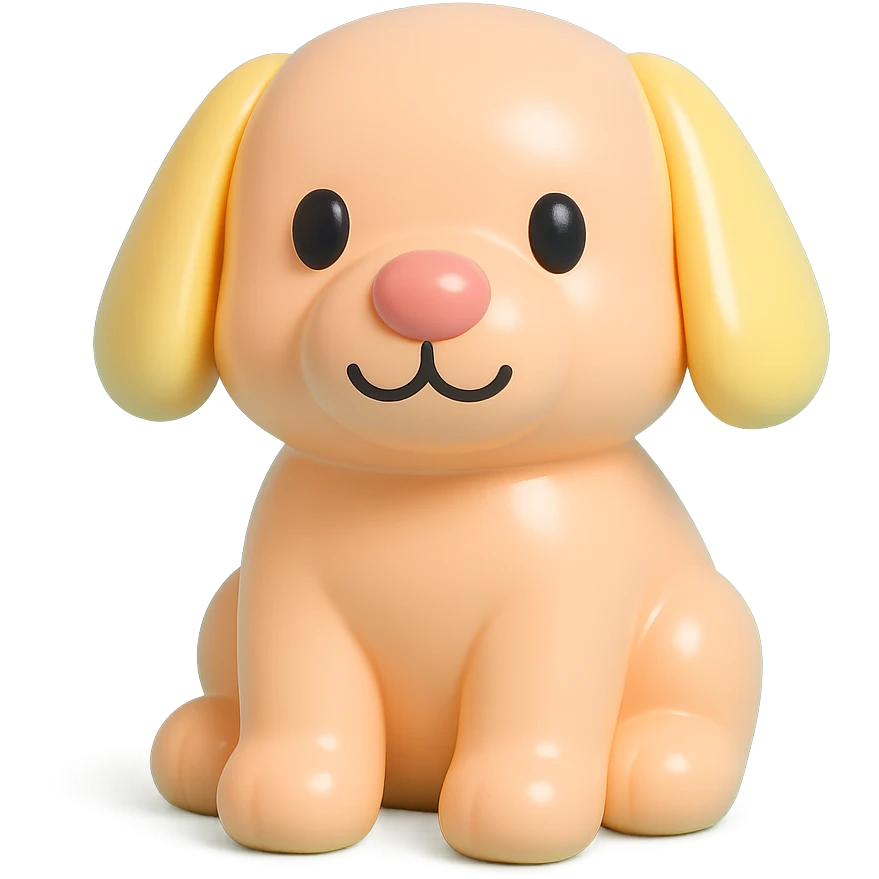               Transform {subject} into a soft vinyl figure with a smooth, glossy surface. The material should look slightly rubbery and tactile, with minimalistic curves and a matte-gloss hybrid finish. Use pastel or soft solid colors. The surface is seamless, with no visible textures or roughness. Studio lighting, vibrant background, clean, playful, designer toy aesthetic and no shadows. {subject} = dog, make sure the mouth has nice outlines emoji
