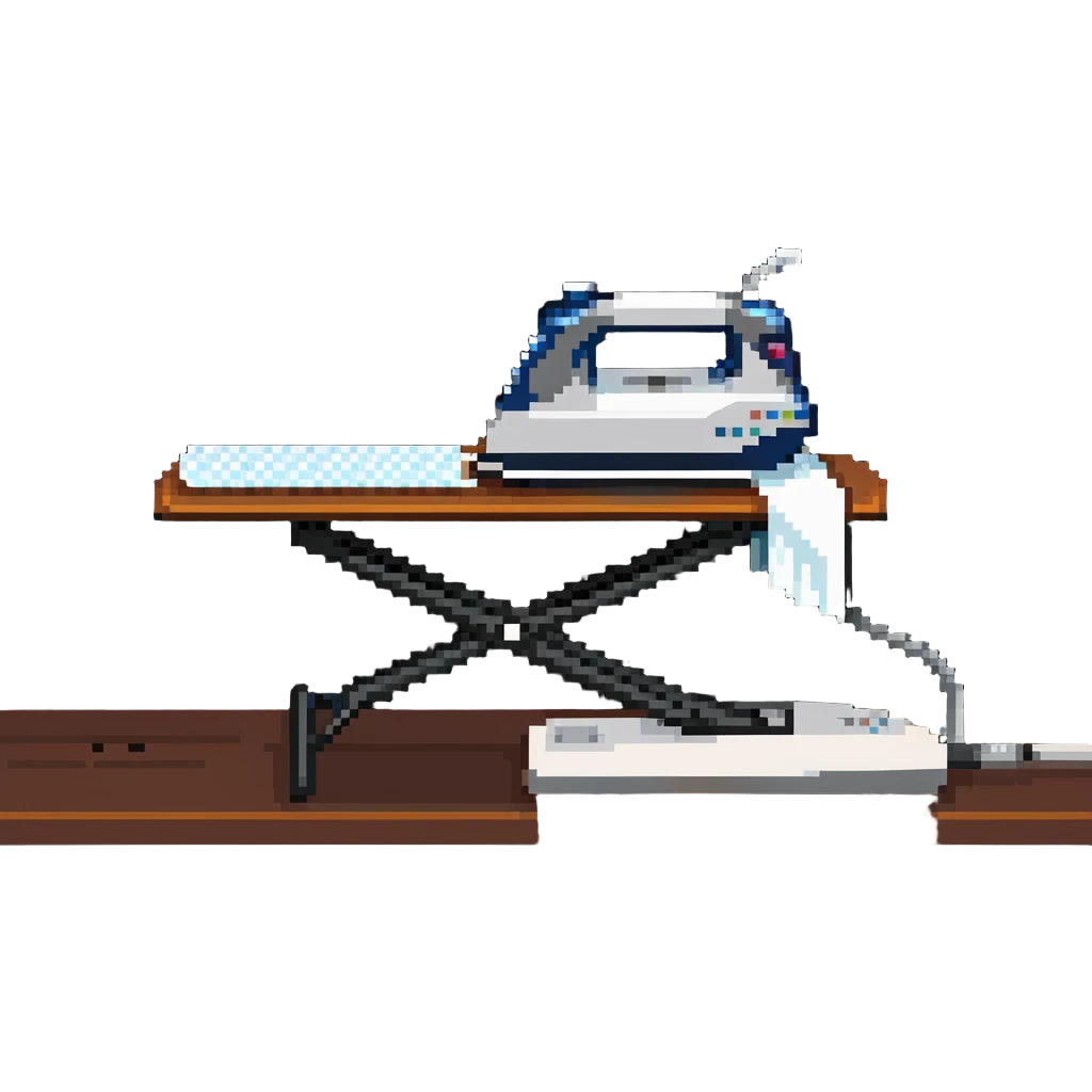 A detailed clothes iron next to an ironing board emoji