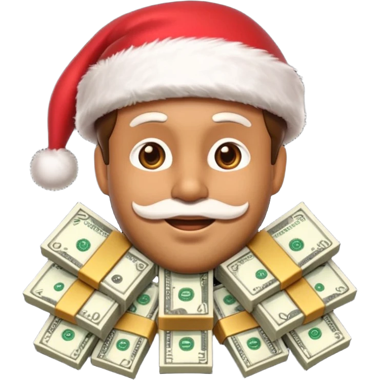 A confident rich emoji face wearing a Santa hat, money stacks, casino vibe, New Year theme, premium 3D emoji style, sharp details, no text, isolated on transparent background emoji