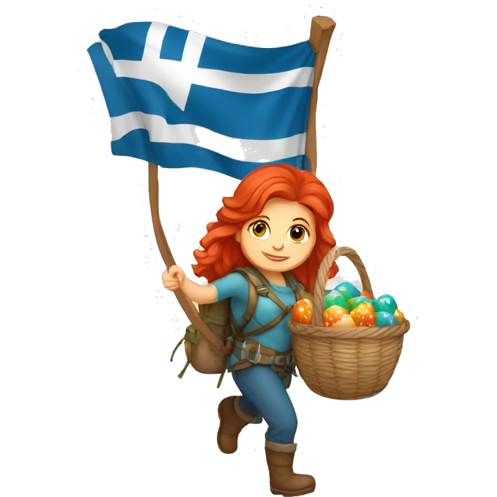 red hair female winter mountaineer climbing with Easter basket and Greek flag emoji