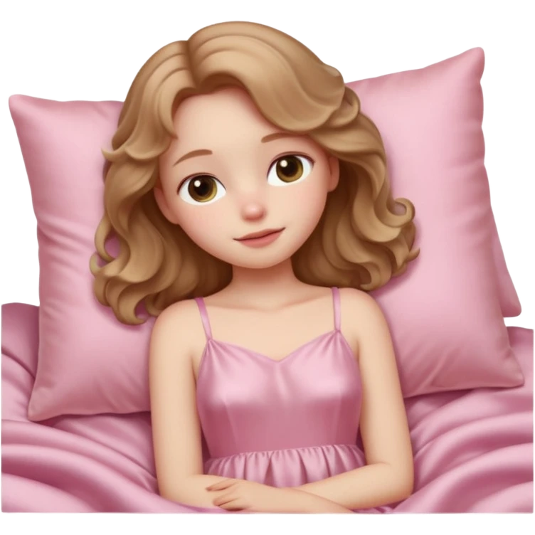 Sleeping beauty pale-skinned girl with light brown wavy hair, resting peacefully on a soft pink silk pillow, wearing a pastel pink dress, dreamy and cozy aesthetic, 3D emoji style, soft shading, Apple-style design. emoji