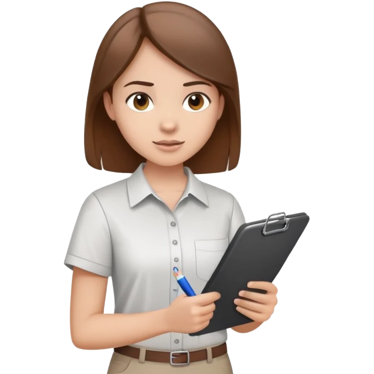 Intern or volunteer with brown hair holding a clipboard and pencil, ready to take notes or assist. The character wears a simple shirt and has an eager posture emoji