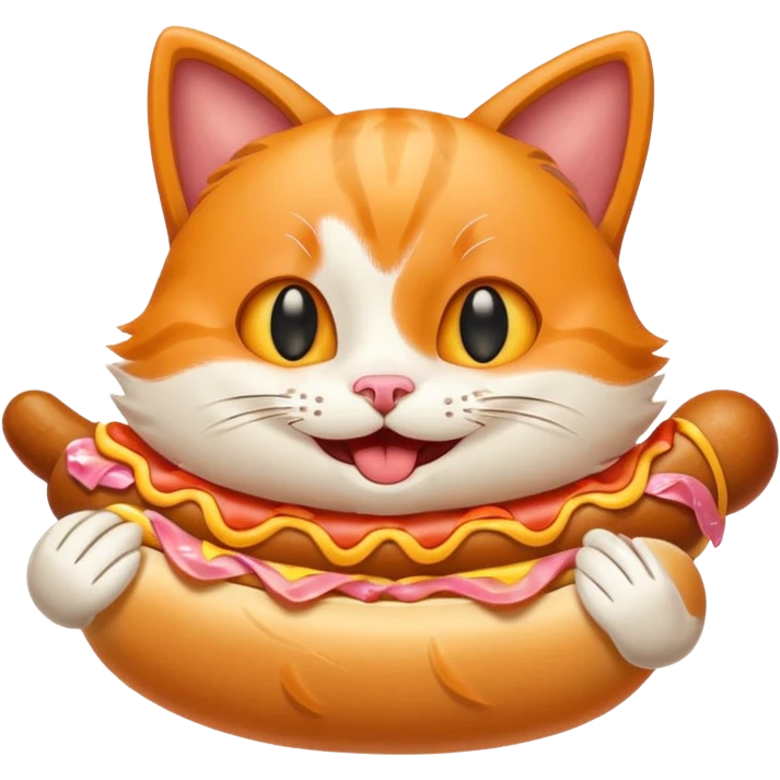 A cartoon cat eating a hot dog emoji