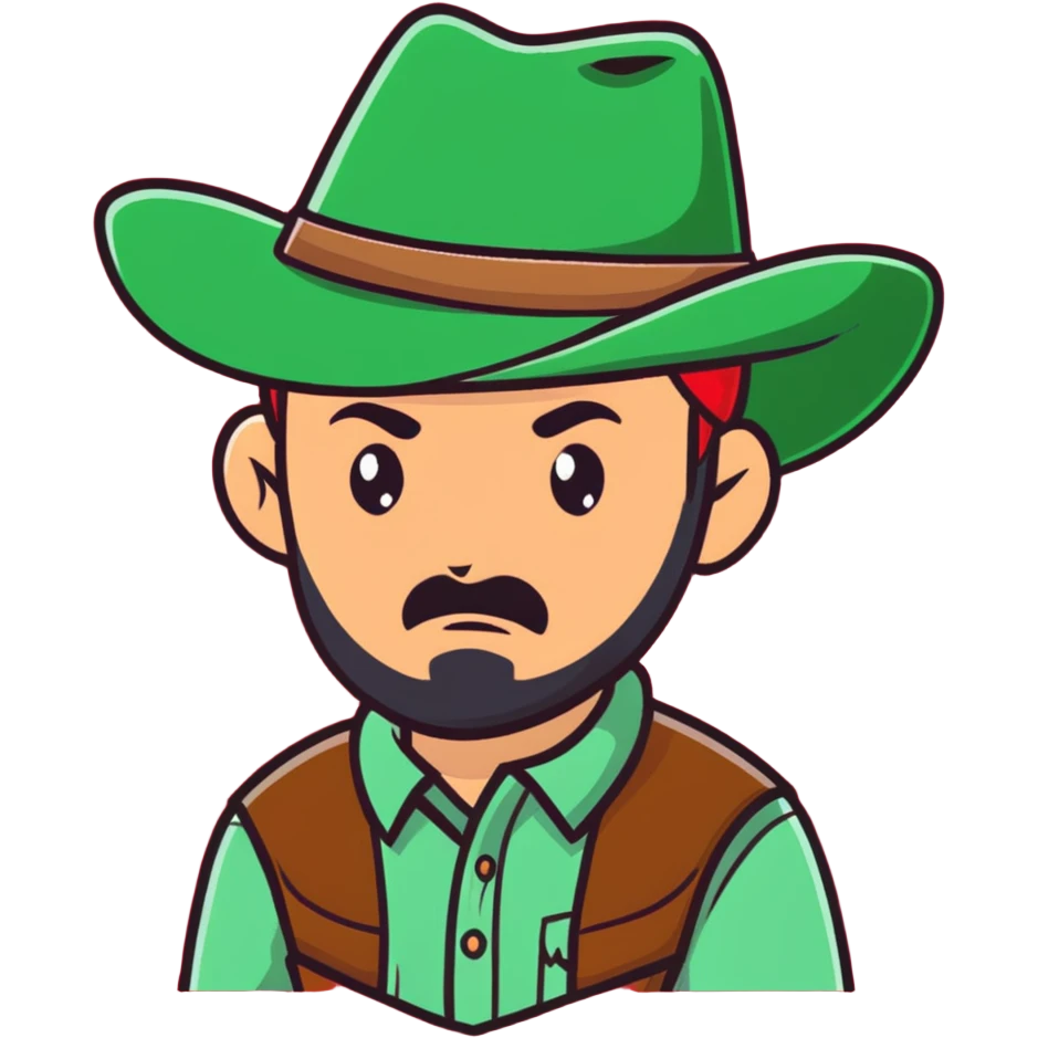 Cowboy wearing a green hat with no star, rugged face with stubble, western style emoji