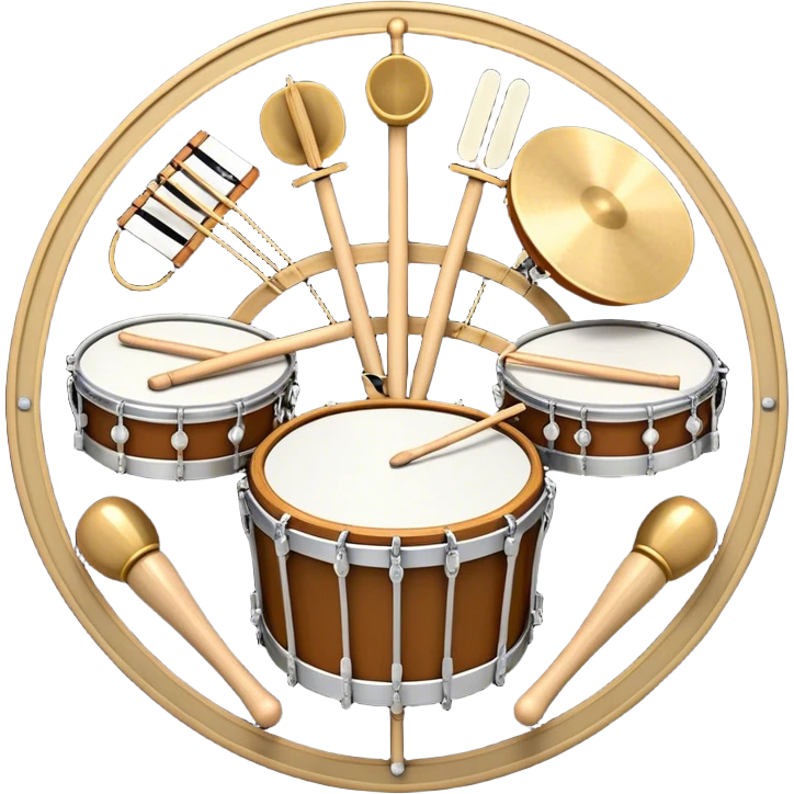 Create a complex, festive, and professional emblem-like emoji representing percussion instruments. The design should resemble a heraldic crest, featuring iconic drums and percussion such as a snare drum, bass drum, timpani, cymbals, marimba, and tambourine, arranged in a balanced and symmetrical composition. Drumsticks should cross elegantly at the center, symbolizing rhythm and energy. A flowing ribbon of musical notes should weave dynamically around the instruments, enhancing the celebratory and grand aesthetic. Ornate elements such as laurel wreaths, swirls, or subtle engravings should emphasize the prestige and importance of percussion in music. The color palette should include rich gold, deep mahogany, and silver, with refined highlights and shading for a polished, three-dimensional effect. The overall composition should be harmoniously structured, visually complete, and suitable as a standalone emblem. The background should be transparent. emoji