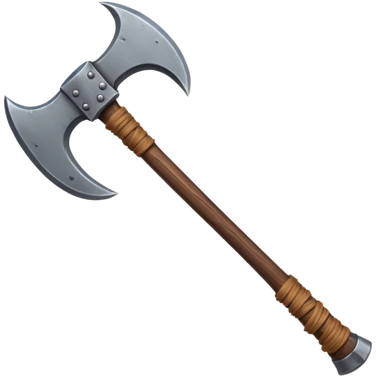 barbarian axe object icon, huge double-bladed axe, rough metal, wooden handle, leather wraps, fantasy style, 3D cartoon, mobile game icon style, centered, clean background, soft shadow, no text, no watermark
 emoji
