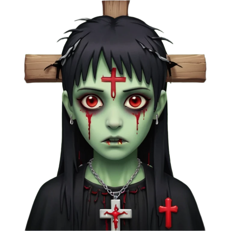 zumbi verde com olhos vermelhos sangrando e franja roupa preta e um crucifixo como colar, sem ser na testa e um piercing no nariz bem feminino a franja reta também  emoji