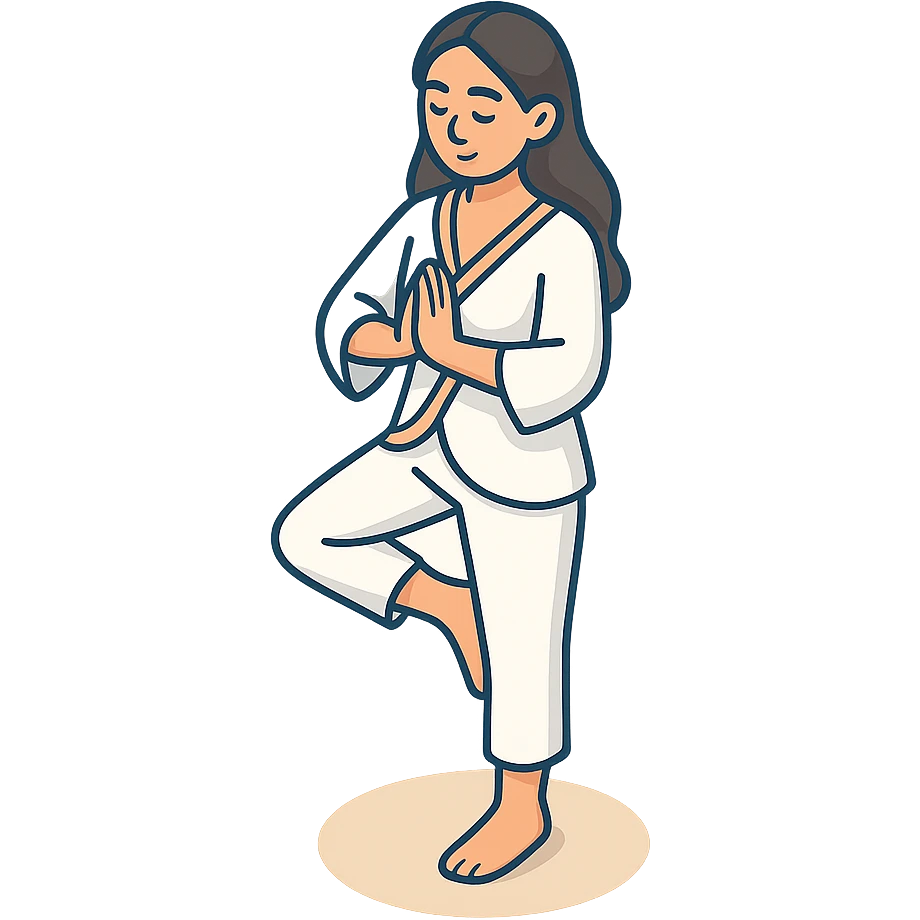 Edit the reference image of the girl to depict her in the tree yoga pose, preserving her appearance and clothing, in a 2D isometric style with a white background, 512x512px. emoji