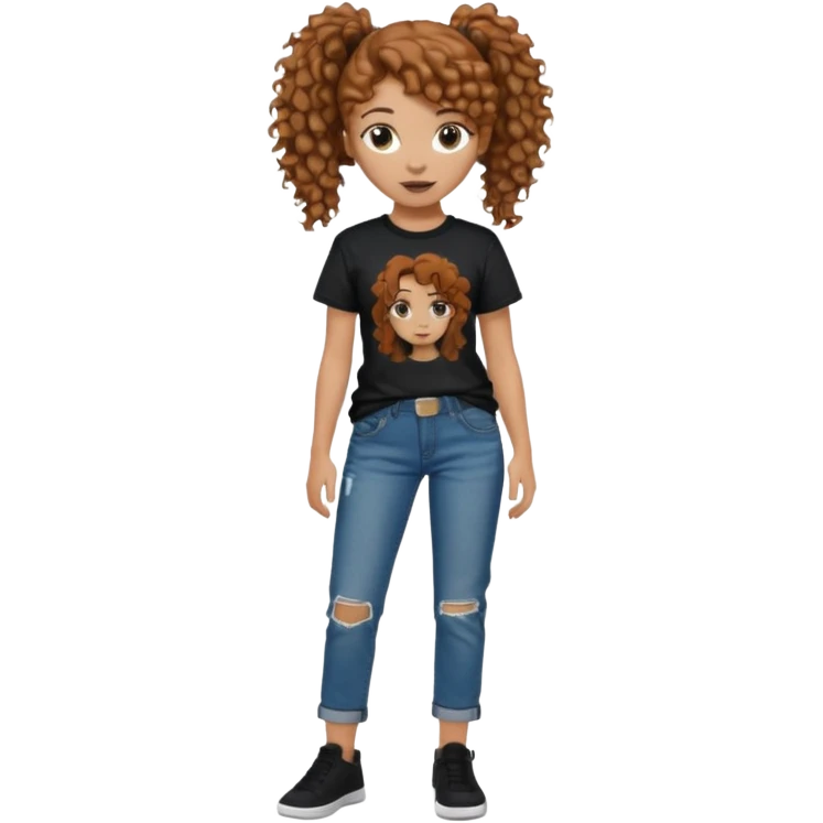 Girl with chestnut colored curly hair in a ponytail, and then a black raper on shirt and loose jeans emoji