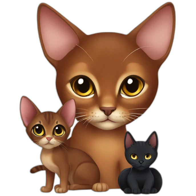 dark red abyssinian cat with big ears and black kitten with small white speck emoji