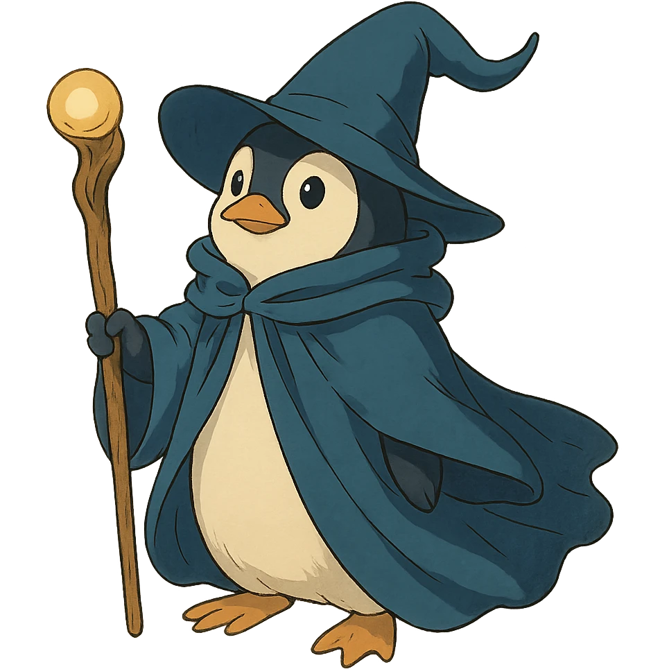ghibli style penguin wizard with flowing robe and staff emoji