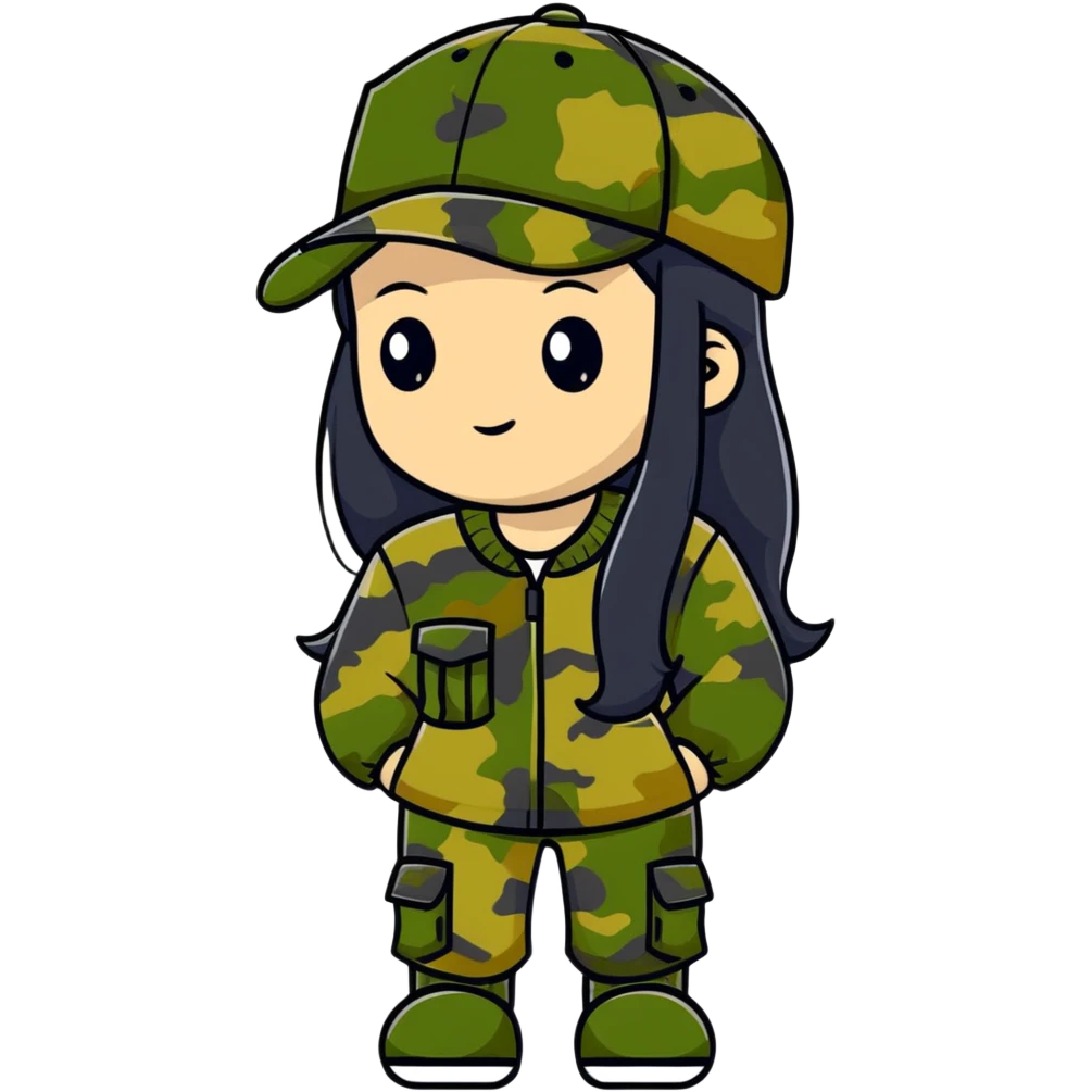 woman with long black hair in camouflage outfit wearing IC daddy cap emoji