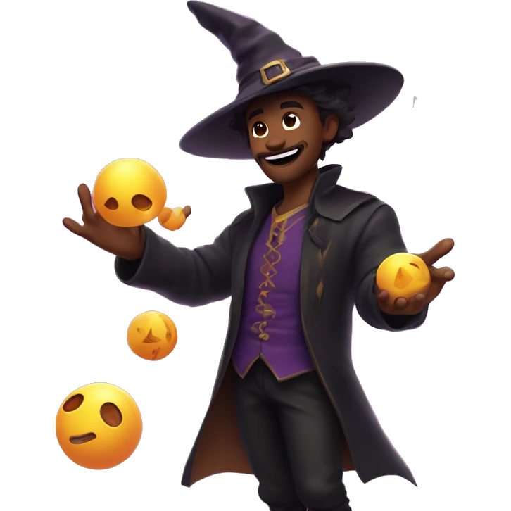 He shows off his 💁 juggling skills, but with balls shaped like small dragons, while mastering the magic 🧙‍♂️ stars around him and wearing a witch's hat. emoji