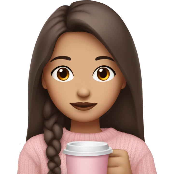 Long dark brown haired girl with dark brown eyes light tan skin and blushing cheeks in a baby pink sweater holding coffee  emoji