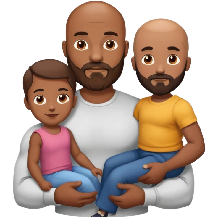 Muscular bald guy with brown beard holding 3 sons and young wife emoji