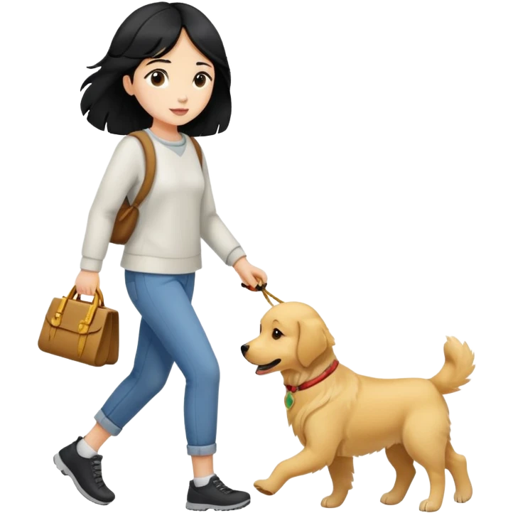 A black-haired girl walking with a golden retriever emoji