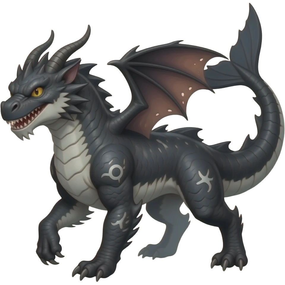 4-legged gothic ruff rough digitigrade dark badass edgy dragon-carvanha-sharpedo-Shark-Night-Fury-orca-hybrid-fusion-creature, with a long shark tail behind, full body emoji
