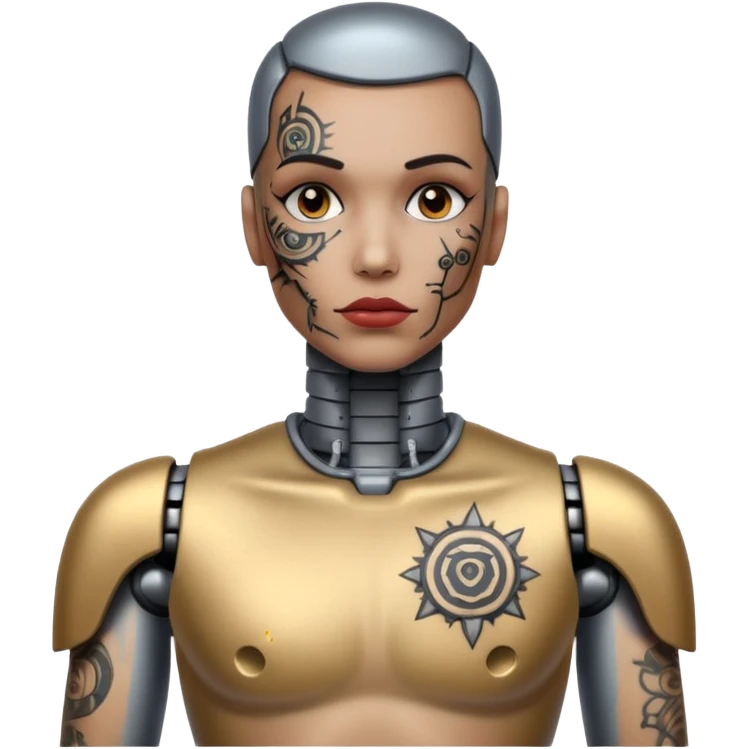 Tatooed robot, tatooes on chest, neck and face emoji