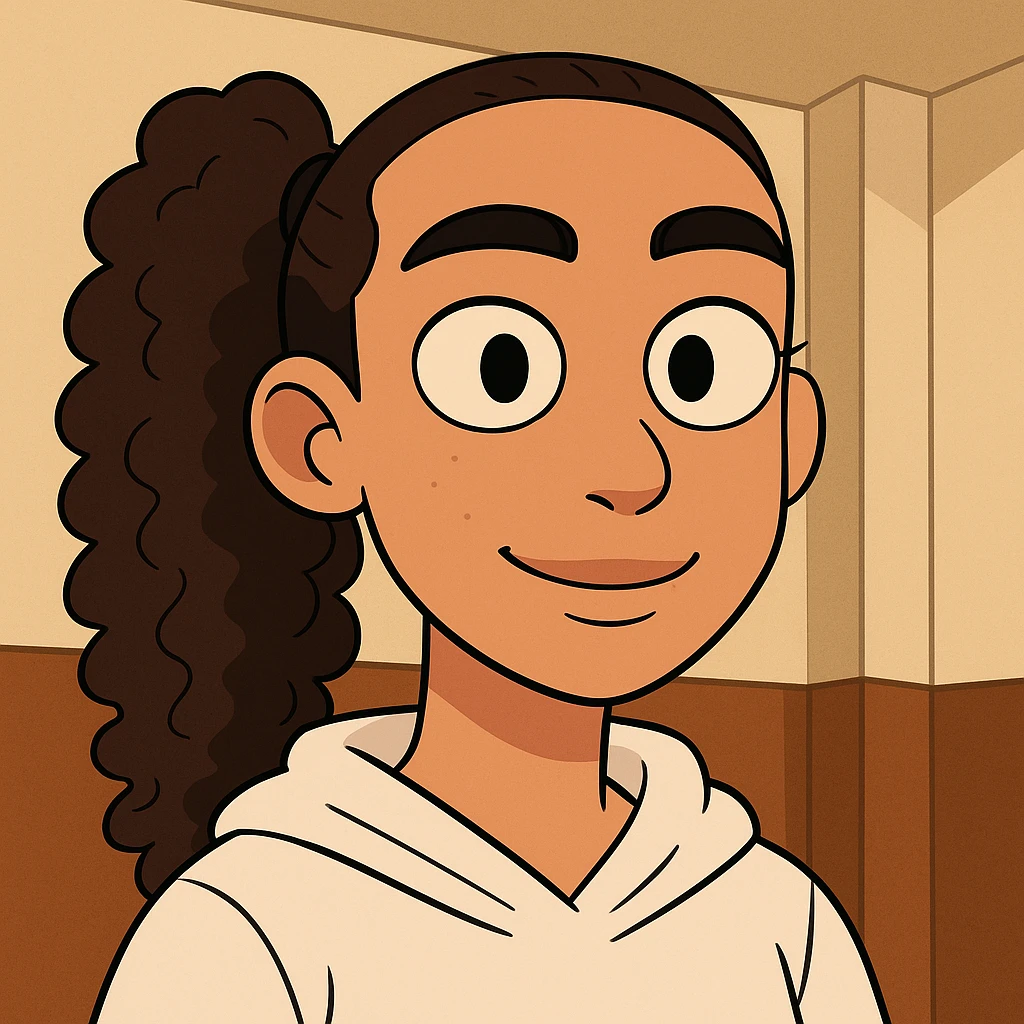 Haz una versión tipo dibujo animado de esta niña, resaltando su coleta y su pelo rizado emoji
