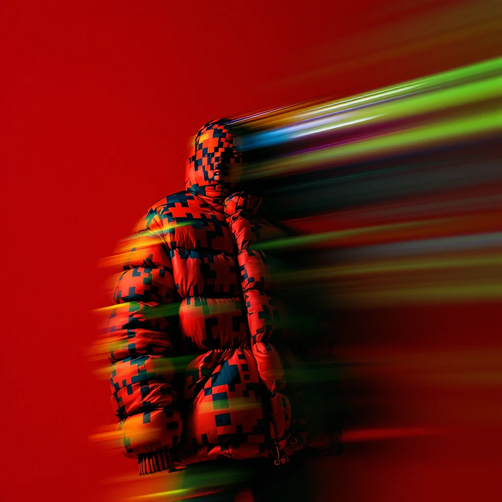 Medium shot, "Echo print effect" motion blur, Photo of a woman dress in abstract (black orange green and blue) grid puffer Louis Vuitton jacket, red solid background, express body, spot light with hard light emoji