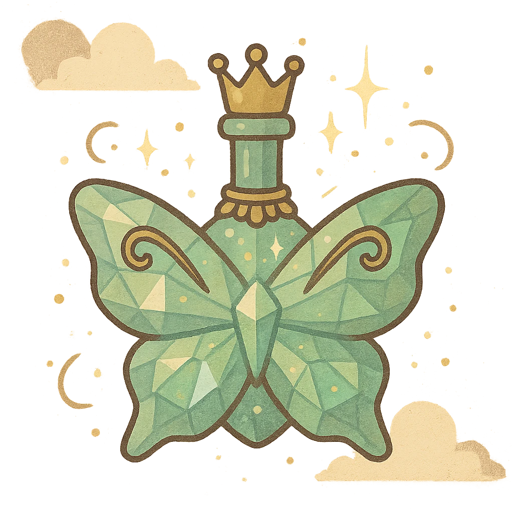fantasy style crystal butterfly-shaped bottle with a short neck and a crown, light green and blue colors, many facets, glowing, ornaments, magical effects, golden details, floating in the air, transparent background emoji