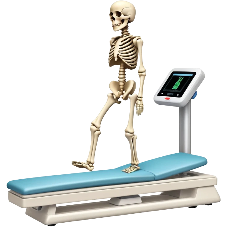 Medical DEXA scan showing bone density measurement, with skeleton visible and colored areas showing density levels emoji