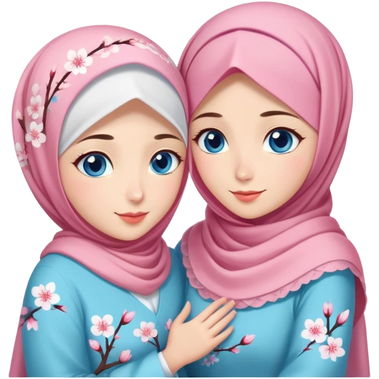 Two friendly sister Turkish girls beautiful finish Konya blue eyes with cherry blossom hijab and heart dress and hugs  emoji