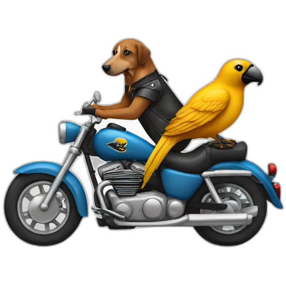 A bird rides on a motorcycle hound emoji