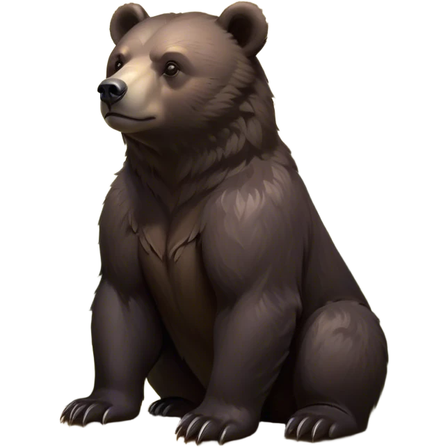 Cinematic Noble bear cub Portrait Emoji, Poised and regal, with a large, imposing build and a thick, well-groomed rich dark brown fur, deep-set soulful eyes, Simplified yet sharp and sophisticated features, highly detailed, glowing with a soft, dignified glow, high shine, intelligent and formidable, stylized with an air of wild majesty, focused and attentive, soft glowing outline, capturing the essence of a watchful and commanding guardian, so majestic it feels as though it could lumber out of the screen with effortless authority! emoji