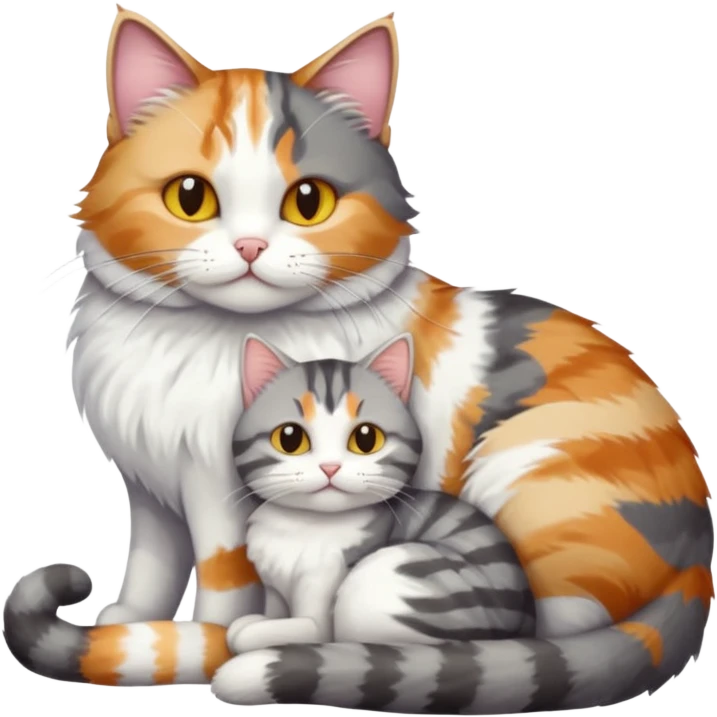 full body colourful light patched calico + white tabby cat cuddling a big grey and white tabby cat  emoji