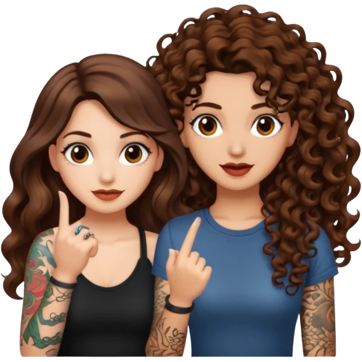 finger snap idea — long wavy brown hair tattooed woman and short tight curly brown hair woman — spark flash emoji