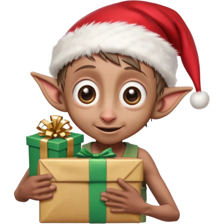 Dobby the house-elf wearing a tiny Santa hat, holding a wrapped gift with his big, joyful eyes shining emoji