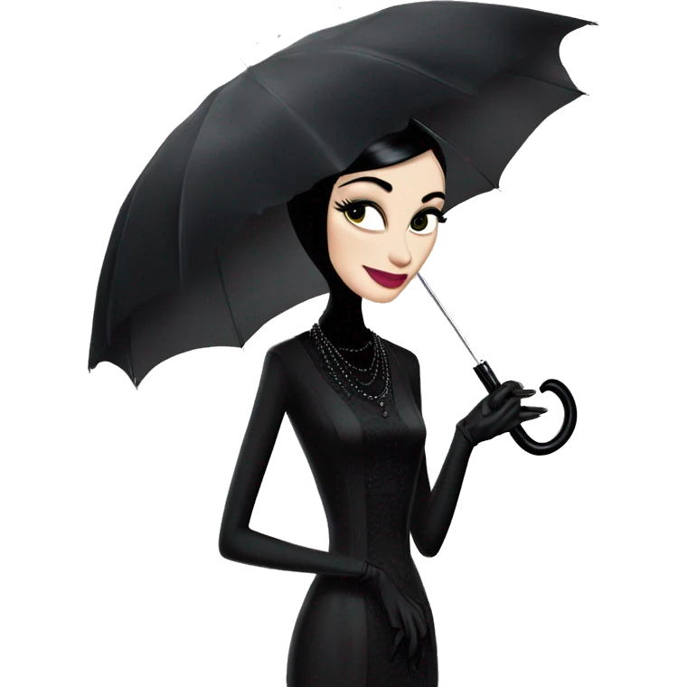 Audrey Hepburn as Morticia Addams at a rainy funeral holding a lacey umbrella. funeral veil ,gloves,purse.  emoji