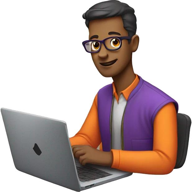 A geek on a laptop in an orange and purple shirt emoji