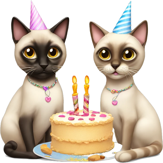 two siamese cats at a birthday party eating cake emoji