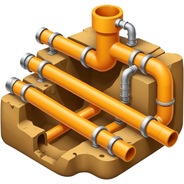 Emoji-style illustration of pipe installation in a trench, flat vector look, bold outlines, minimal details, no background emoji