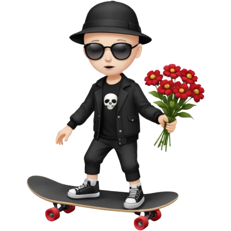 ["A sad boy with pale skin, bald, wearing a sunhat and sunglasses, dressed in goth fashion, is skateboarding while holding a flower bouquet."] emoji