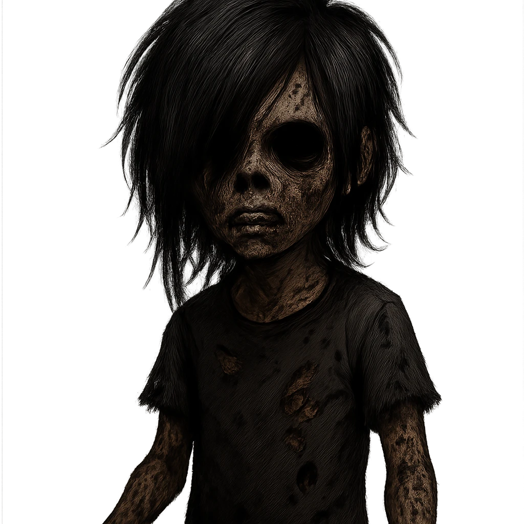 boy zombie with black hair, emo style, creepy, long hair, scary, black eyes, brown skin emoji
