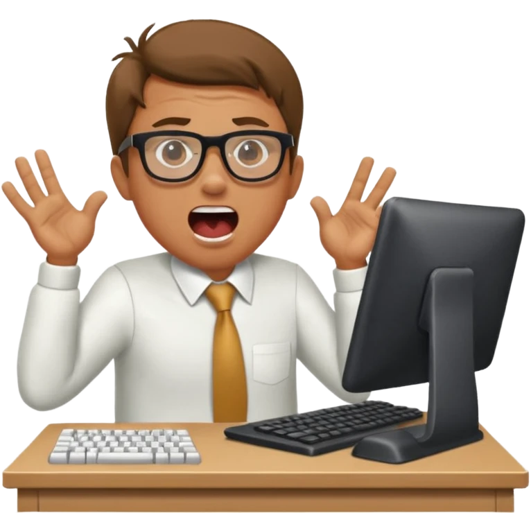 man at desk, mouth open shouting, typing fast emoji