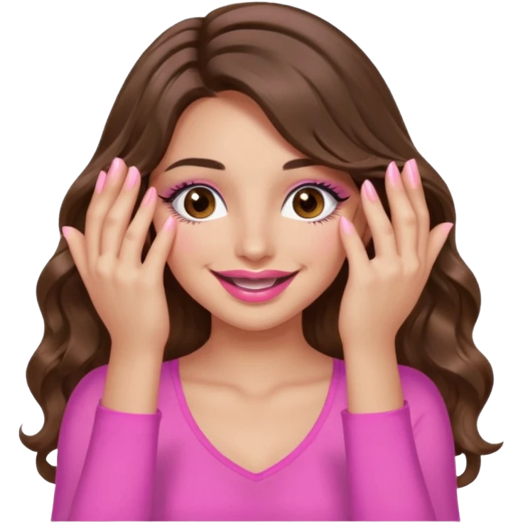 girl with long wavy brown hair, brown eyes, long lashes, sexy pink lips, light to medium complexion, wearing a pink sexy top, smiling, hands covering over the eyes emoji