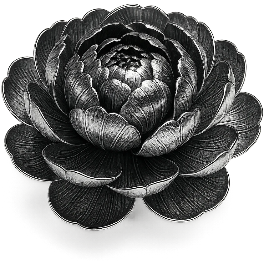 chrome style peony flower with layered metallic petals, highly reflective and polished emoji