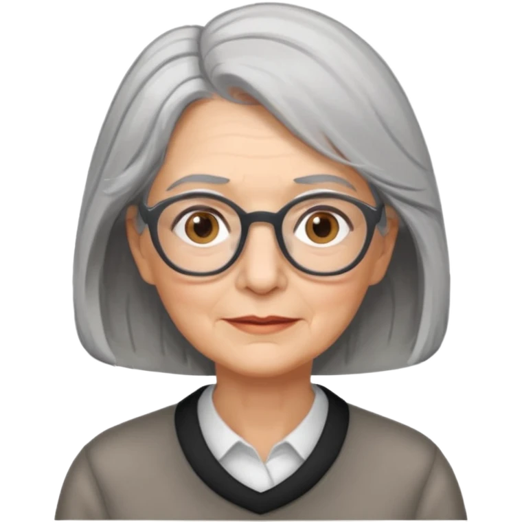 Older woman with shoulder length partial grey hair wearing glasses hazel eyes emoji