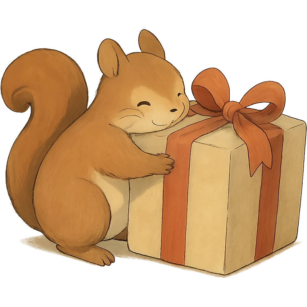 squirrel hugging a big gift box with bow, soft Ghibli style emoji