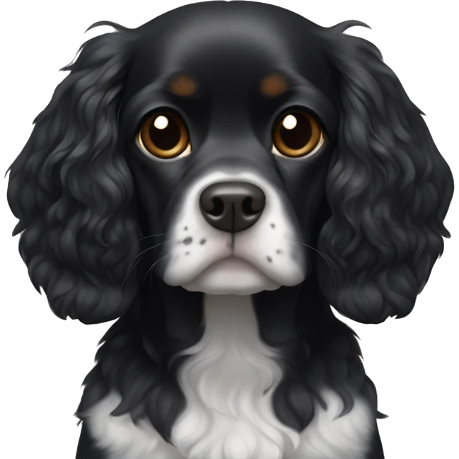 Small completely black king spaniel with black fur on face and white stripe on chest emoji