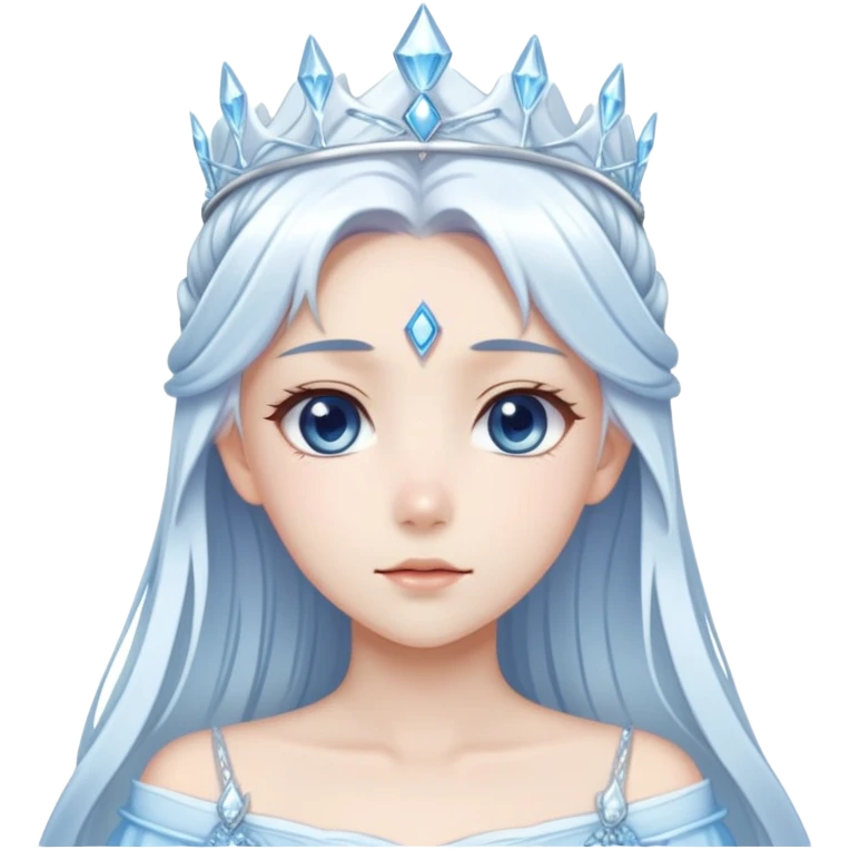 Beautiful anime ice queen with white long pretty hair with light-blue streaks, wearing an icy thin long dress and a silver tiara emoji