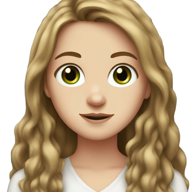 white girl. long brown hair. dark green eyes. white shirt. freckle. emoji