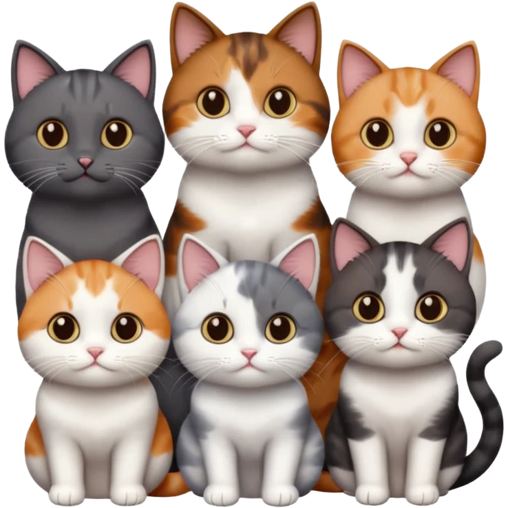 5 different coloured short haired cats including; a dark brown and white cat, and a dark grey and white, and a calico emoji