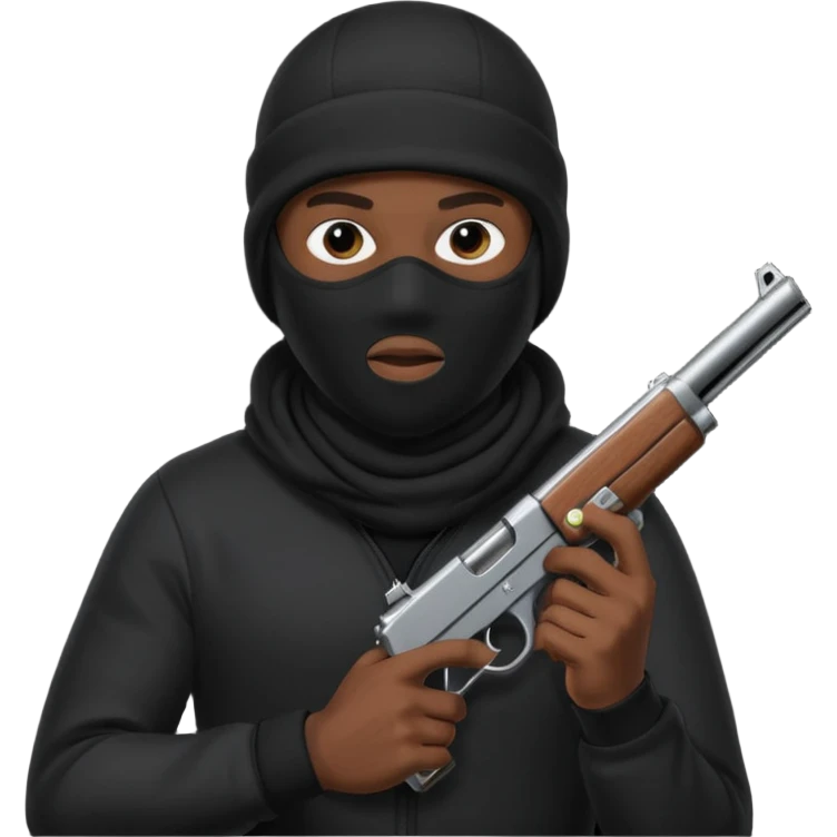 black guy thug with ski mask and gun wearing black shirt emoji